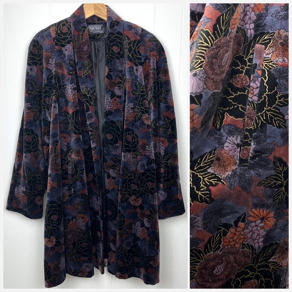 VTG Portrait Floral Burnout Velvet Duster Opera Coat Open Front Jacket Boho L